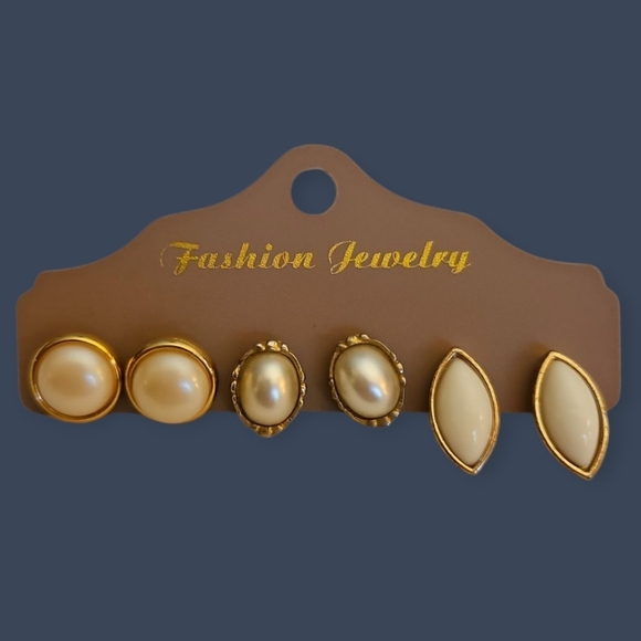 Vintage Jewelry - Vintage Set of Three Gold Rimmed Pearlesque Post Bridal Earrings